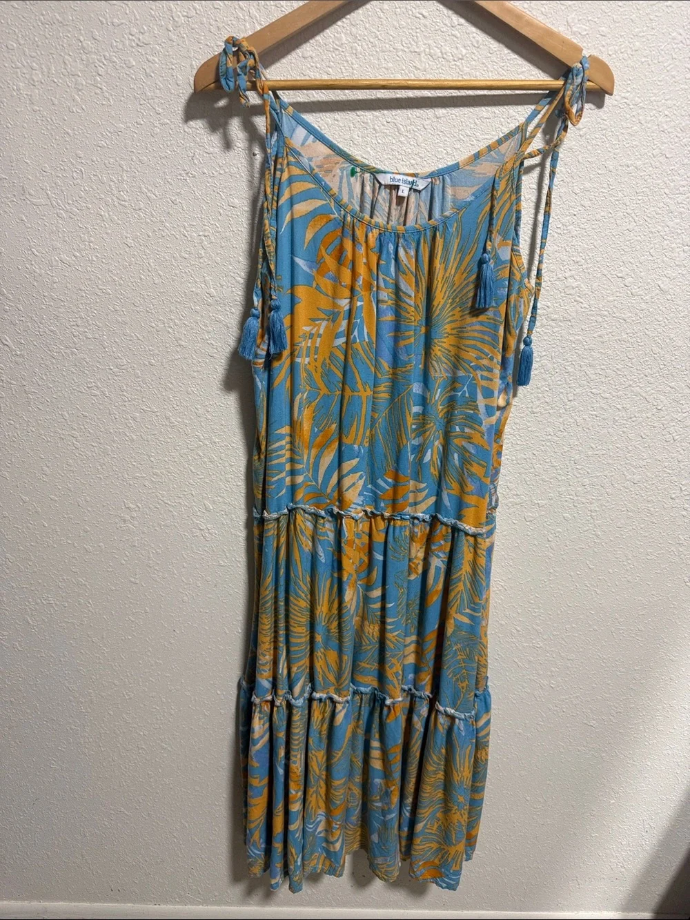 Blue Island Tropical Palm Print Tiered Midi Dress Blue Orange Large Tassel Tie - Picture 3 of 10